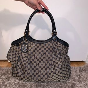 Gucci Large Beige and Navy Monogram Bag